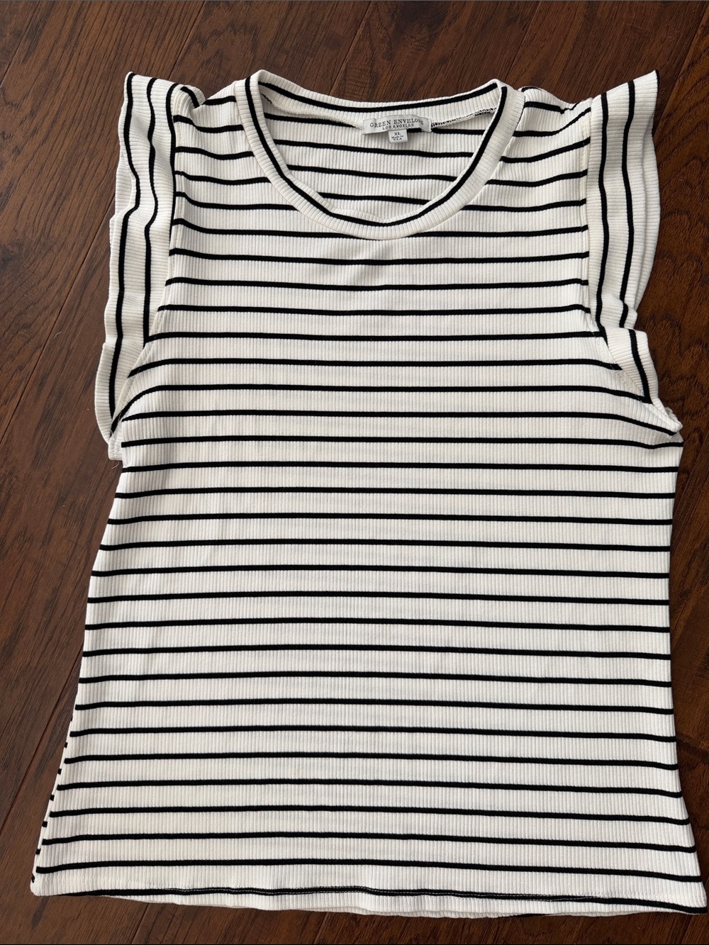 Green Envelope Black and White Striped Ruffle Sleeve Tank, comfy with stretch